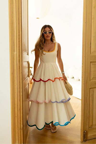 BRTC design Rochie premium pentru femei, de culoare ecru, cu bretele cu nervu...
