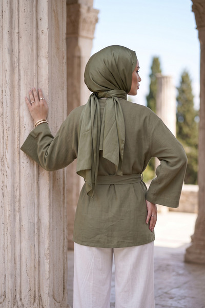 Zeneva Collection Light Khaki Women's Belted Hijab Kimono 1177