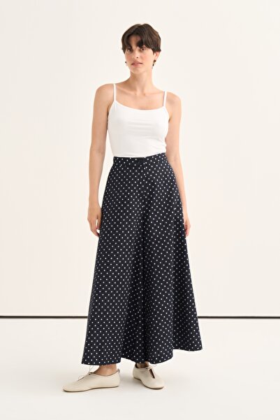EBU Prive Women's Flared Jean Skirt Trousers Dark Navy Blue Polka Dot