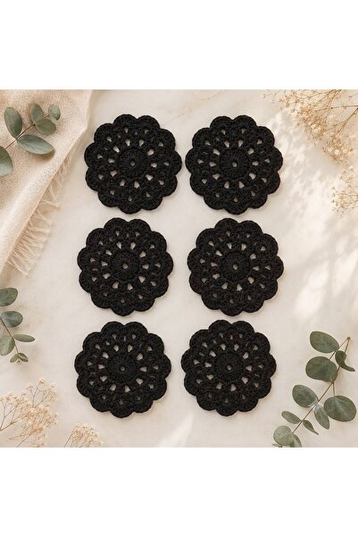 El Yapımı Tığ İşi Bardak Altlığı Seti - Black Lace 6'lı Set Siyah
