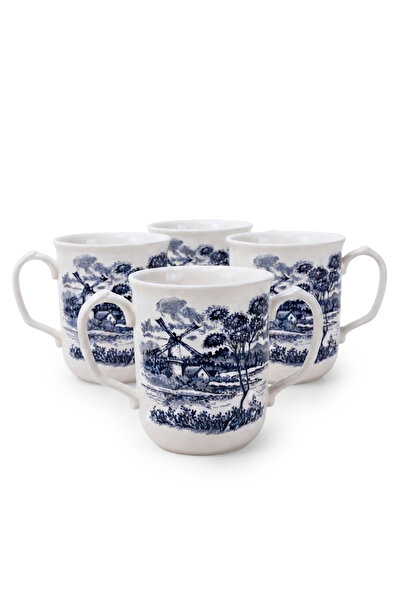 Claytan Earthenware Classic Blue Windmill Pattern Mug, 340ml, White (Set of 4)