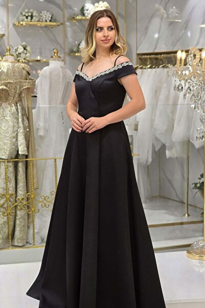 Yonca Moda Evi Siyah Kayık Yaka Taş Detaylı Abiye 40271