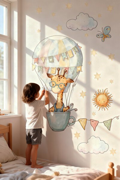 posterland Uçan Balonlu Zürafa Çocuk Odası Duvar Sticker Seti, Cam Sticker