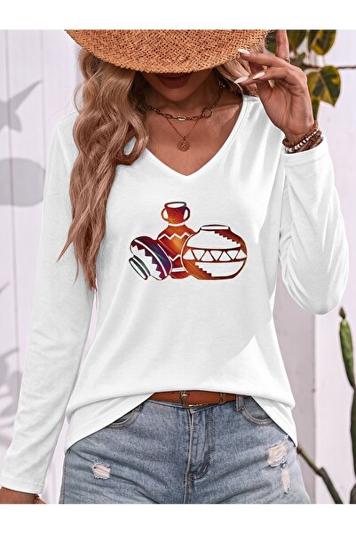 mercoledi Mix Printed Cotton V-Neck Long Sleeve Blouse