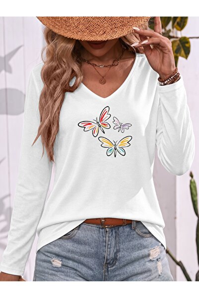mercoledi Mix Printed Cotton V-Neck Long Sleeve Blouse