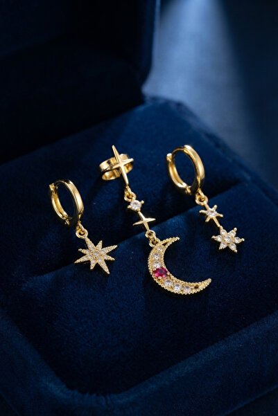 Generic Brand Gold Color 3-Piece Moon and Star Model Earrings