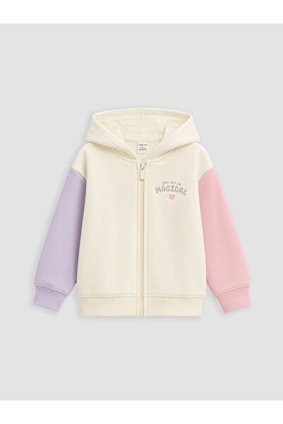 LC Waikiki Lcw Kids Ecru Hooded Girl's Zippered Sweatshirt