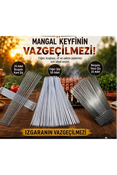 YILMAZNARGİLE 100 Parça Mangal Seti - 50 Adet Ciğer Şişi Yassı İnce Düz - 25 ...