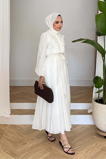 Rimel Moda Önü Taş Detaylı Elbise Ekru