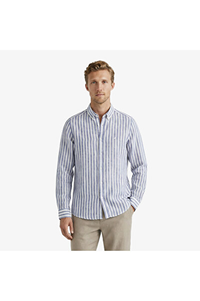 Nautica Erkek Koyu Mavi Regular Fit Çizgili Keten Gömlek