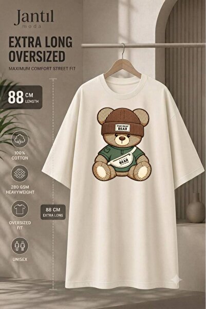 JANTIL MODA Crew Neck Bear Print Extra Long Oversize Tunic T-Shirt with Beret...