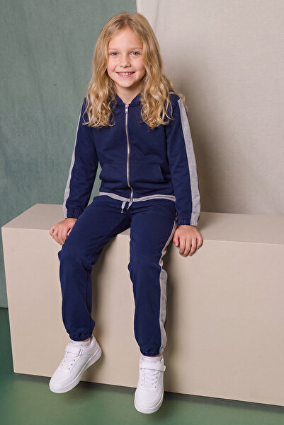 FYK KİDS Girl's Stripe Detailed Zippered Hooded Double Pocket Tracksuit Set