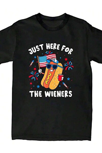 4Car تي شيرت Just Here For The Wieners Fireworks Hot Dog USA للرابع من يوليو