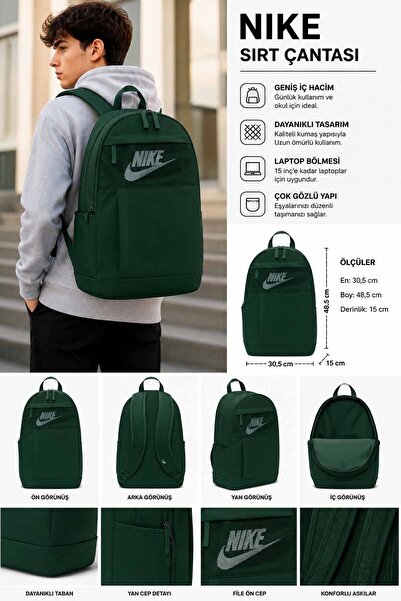 Nike Unisex Koyu Yeşil Sırt Çantası Okul Günlük Spor Seyahat Çantası 30,5x48,...