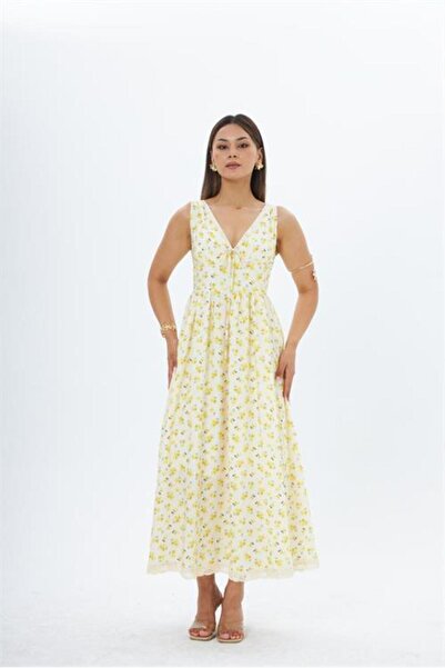 Neşeli Butik Rochie florală de damă, galbenă, cu bretele groase, cu dantelă, ...