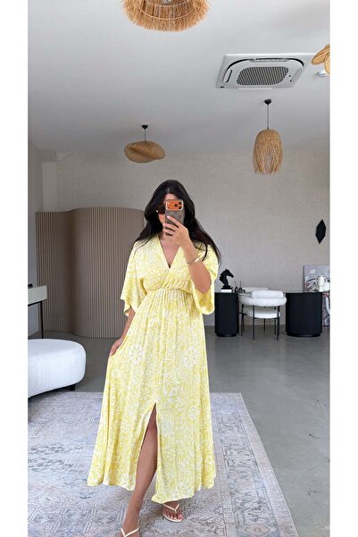 Buket Teke Yellow Patterned Mykonos Viscose Fabric Dress