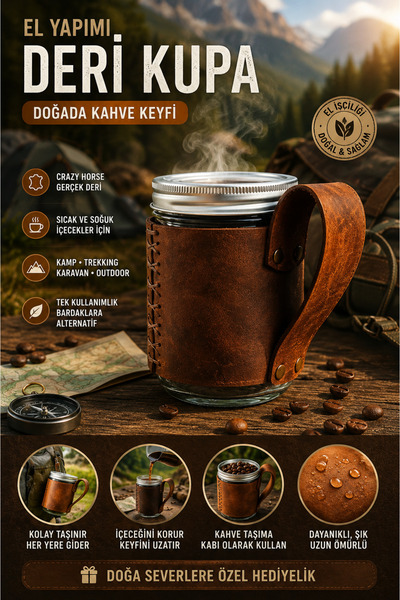 Doraz Handmade Doraz Jar Mug El Yapımı Crazy Horse Deri Kavanoz Kupa , Cam Ka...