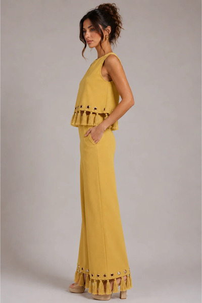 2TRENDY بنطلون نسائي واسع بكشكش مزين لون كموني