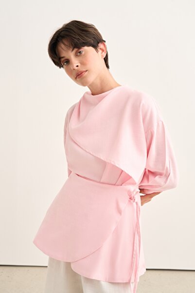 EBU Prive Women's Organic Cotton Shawl Collar Mobile Belt Skirt Blouse Pink