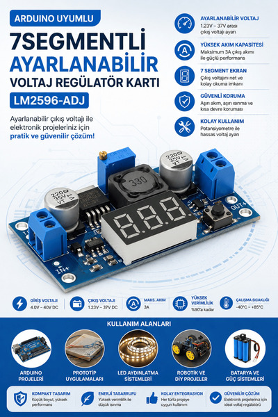 RoboPazar 7segmentli Ayarlanabilir 3a Voltaj Regülatör Kartı - Lm2596-adj