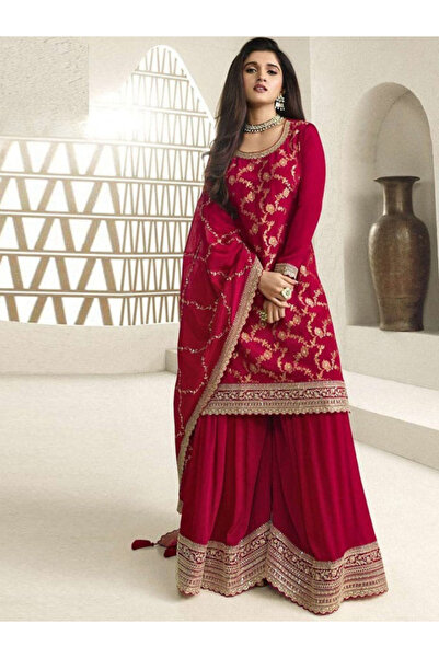 MYSMAR Red Jacquard Chinon Palazzo Suit Set - FFT6986 | Red-Size:M-38-Inches