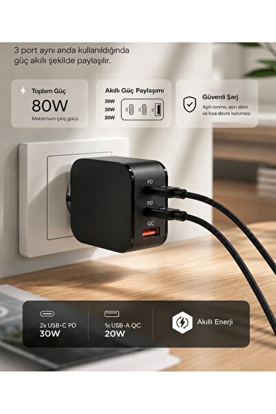 MEKTEK 80W Hızlı Şarj Adaptörü 3 Girişli USB-C ve USB-A Girişili Hızlı Şarj C...