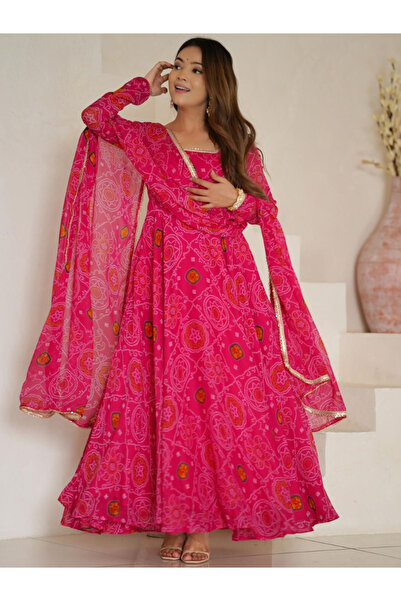MYSMAR Pink Bandhej Chiffon Anarkali Gown Set - HRT1369 | Pink-Size:M-38-Inches