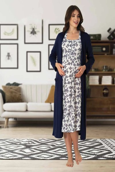 Effortt Dvina Maternity Dressing Gown and Patterned Short-Sleeved Nightgown -...