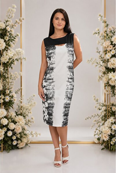 OEM Rochie dreapta de culoare neagra cu design alb, fara maneca