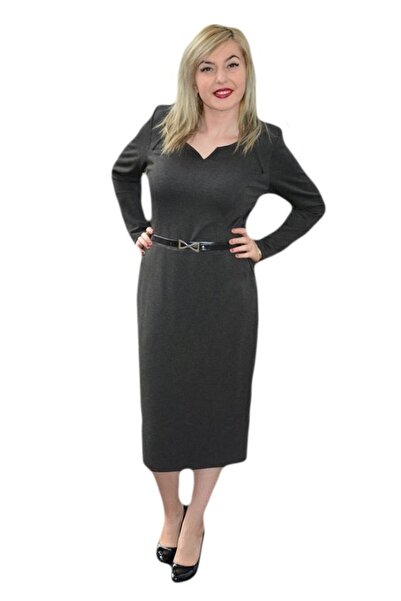 OEM Rochie de toamna, nuanta de gri, cu maneca lunga si curea
