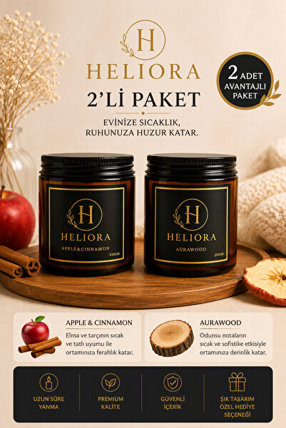 Heliora mum 2'li Kokulu Mum Seti 200 gr Elma Tarçın & Odunsu Kalıcı Kokulu Am...