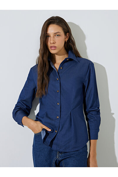 Styli Dark Blue Dart Front Long Sleeve Denim Shirt