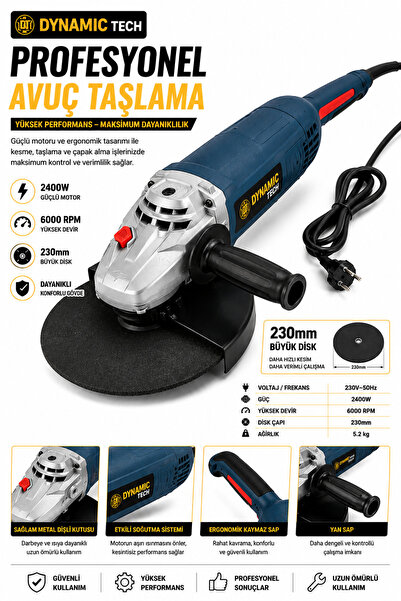 DynamicTech Profesyonel 2400W 230 mm Profesyonel Büyük Avuç Taşlama Makinesi Spiral 6000 RPM Metal Gövde