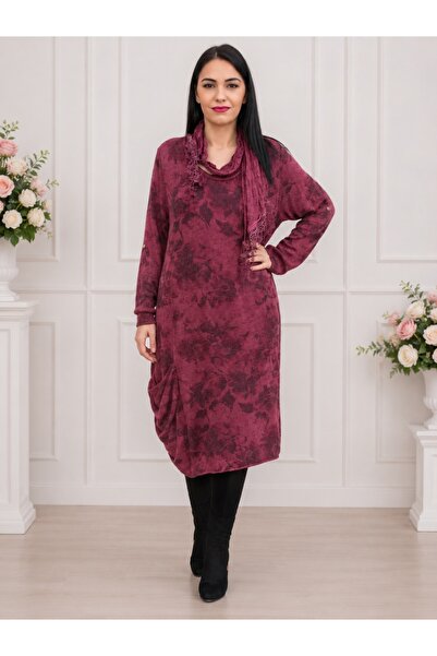 OEM Rochie chic din material tricotat cu imprimeu pe fond marsala