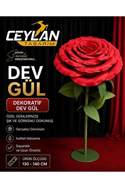 CEYLAN TASARIM Kırmızı Işıksız Dekoratif Dev Gül 130-140 cm Yapay Eva Gül Org...