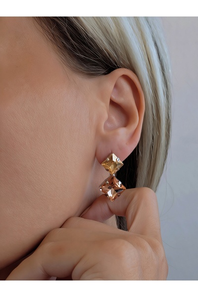 Eva Takı Store Vertical Square Vintage Model Crystal Stone Caramel Color Earrings