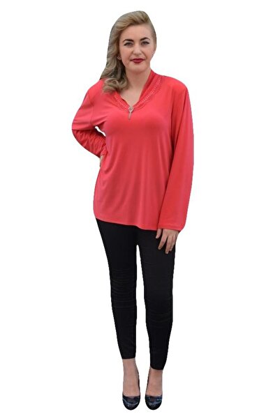 OEM Bluza casual, de culoare corai, cu inserti de dantela