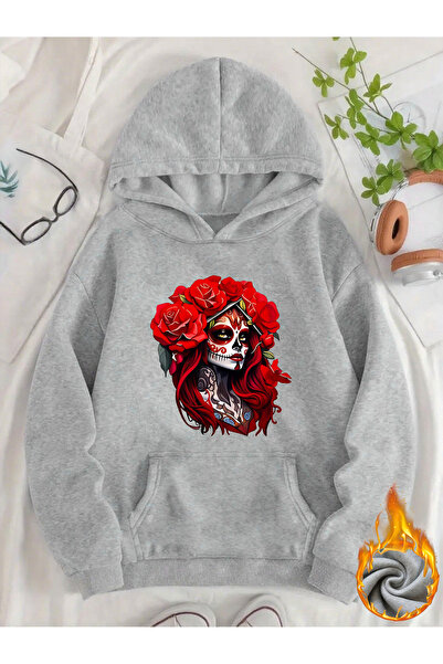 Deocept Unisex Γυναικείο φούτερ με στάμπα κρανίου, με τσέπη καγκουρό, άνετη ε...