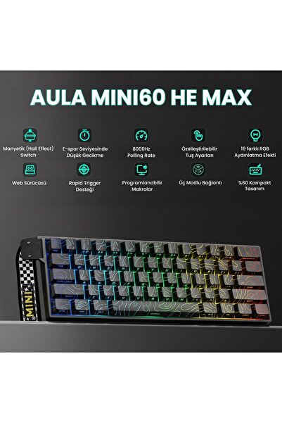 Aula Mini 60 He Max Hall Effect Manyetik Klavye Rapid Trigger Spiritcloud Switch 8000Hz TKL Hot Swap Oyuncu Klavyesi Siyah