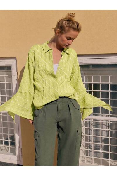 MAESTRO WOMAN Women's Green Sequined Striped Sleeve Cuff Detailed Design Shirt