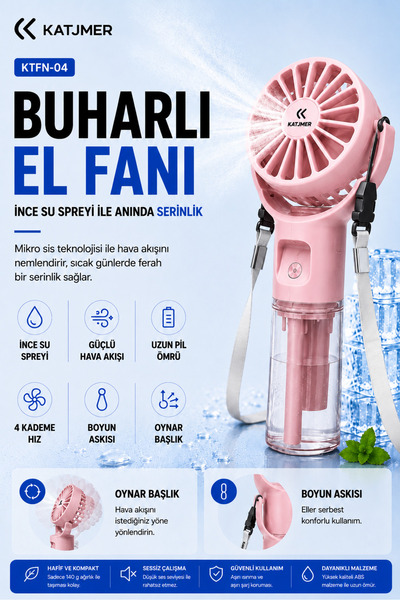 KATJMER KTFN-04 Buharlı Sulu El Fanı, 4 Kademeli Şarjlı Mini Vantilatör, İnce...