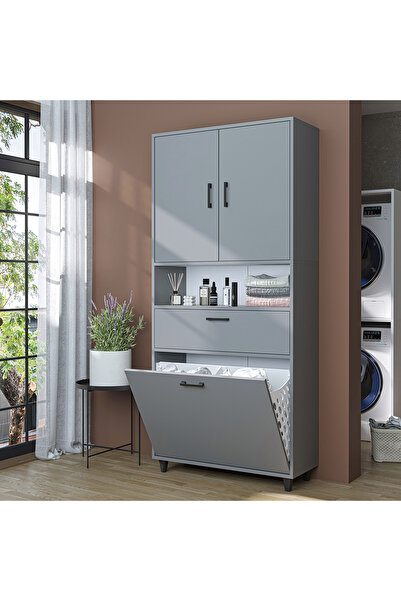 ROOMART Çamaşır Sepetli Banyo Dolabı, Çok Amaçlı Çekmeceli Dolap 90 x 200 cm