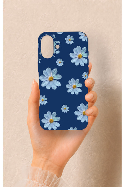 Vip Case iPhone 16 Plus Uyumlu Mavi Papatya Desenli Silikon Kılıf