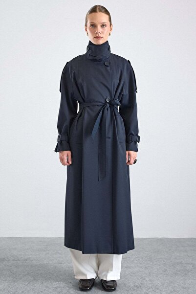Olcay Water Repellent Trench Coat with Stand Collar, Patch and Epaulet Detail...