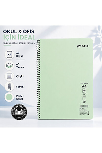 Mynote Flex Pastel A4 60 Yaprak 60 gr Spiralli Çizgili Defter