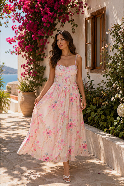 legends butik Kadın Fransız Askılı Korse Detaylı Astarlı Çiçek Desenli Tül Ma...
