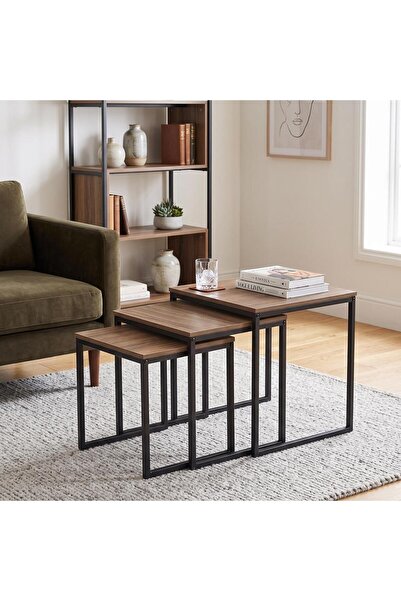 Kreslo Modern Wood Top Metal Base 3-Piece Nesting Table Set