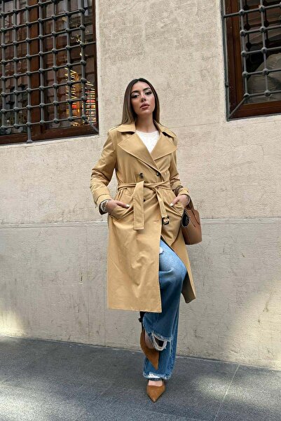 Moda Days معطف نسائي طويل بلون الجمل مع ياقة وحزام وأزرار مزدوجة وجيوب