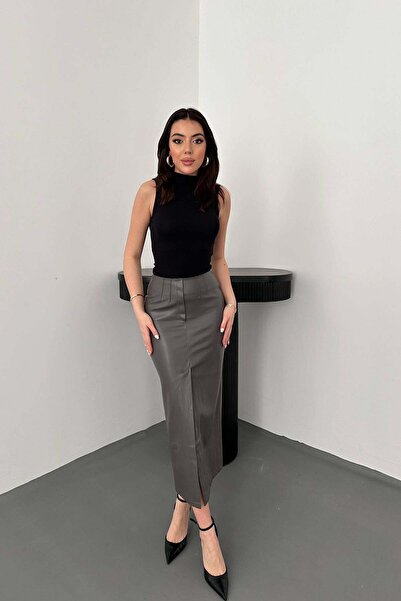Moda Days تنورة نسائية رمادية عالية الخصر بفتحة جانبية وتطريز مزخرف بقصة قلم ...