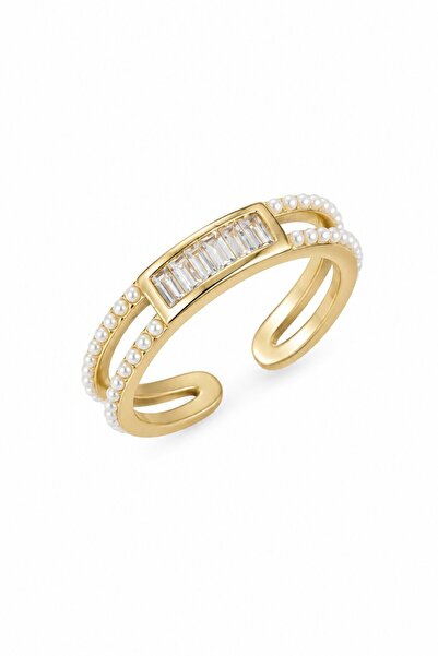 serelya Baguette Zircon Stone Gold Color Pearl Women's Ring